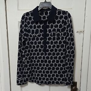 Talbots Navy and White Patterned Polo Long Sleeved Shirt Womens Large